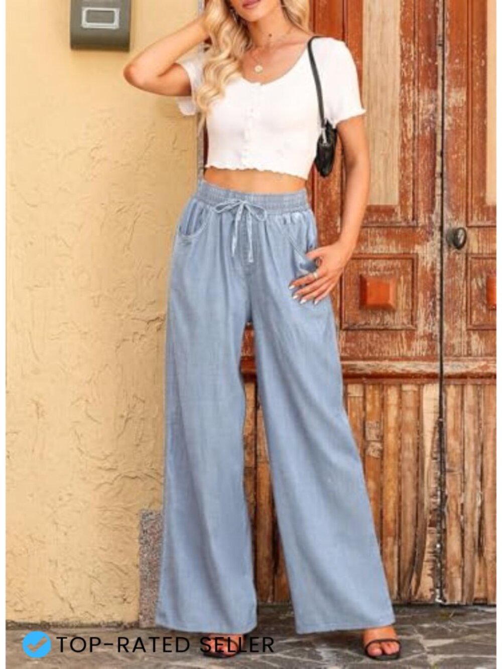 Wide Leg High Waist Drawstring Denim Jeans Women Casual Loose Fit - Picture 4 of 6